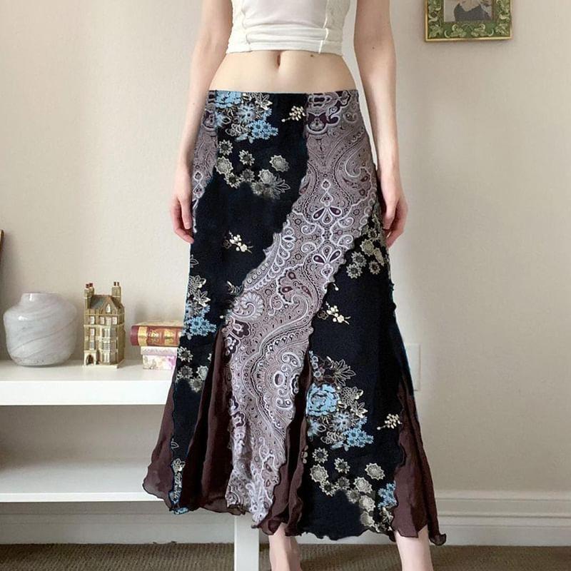Low Rise Floral Mesh Panel Midi A-Line Skirt Product Image