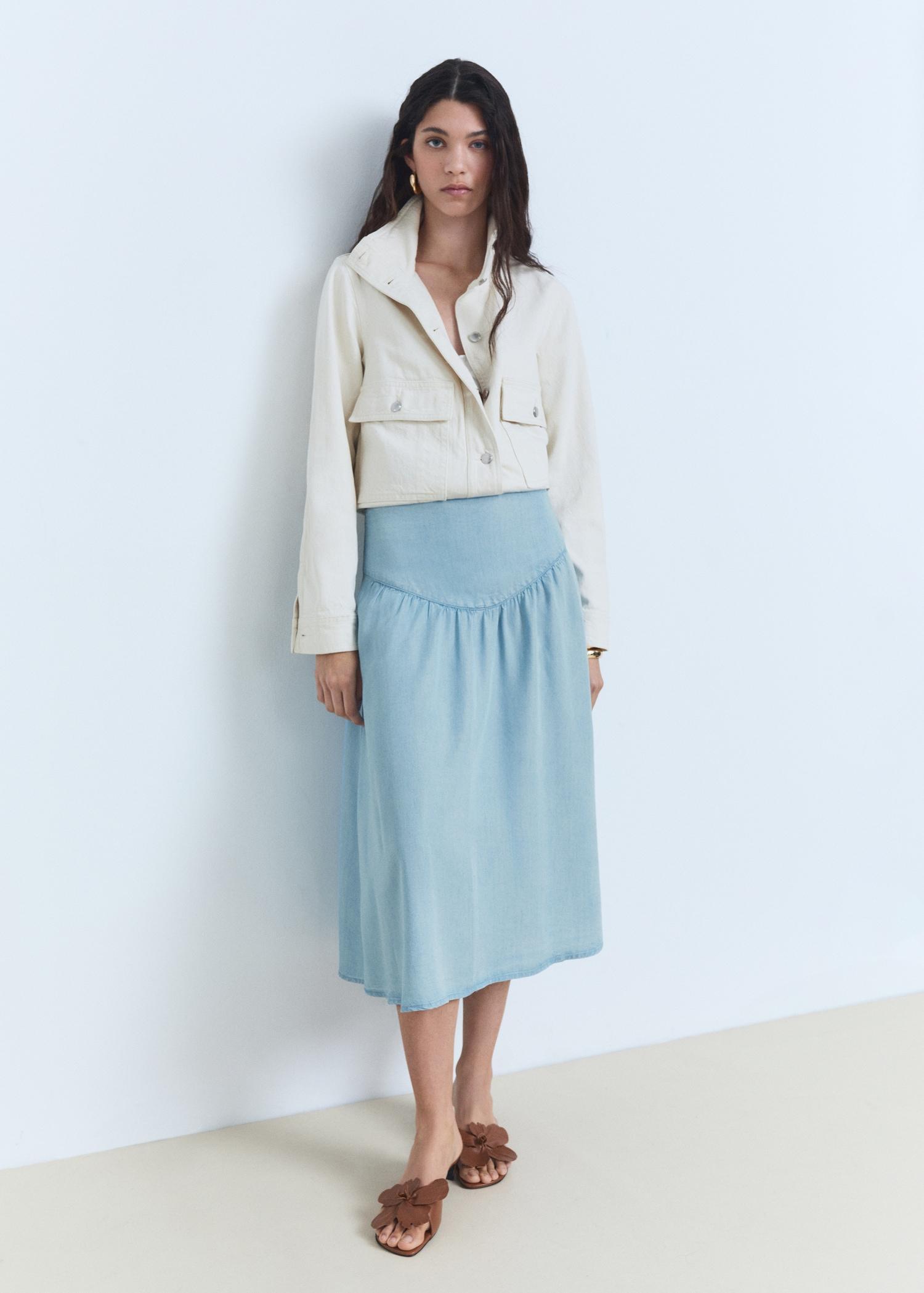 Soft denim midi-skirt with gathered detail - Women | MANGO USA Product Image
