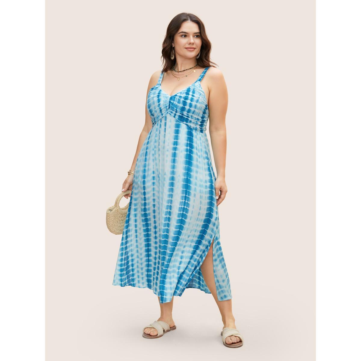 Plus Size Tie Dye Split Hem Maxi Cami Dress Skyblue Women Resort Gathered V-neck Sleeveless Curvy BloomChic 14-16/1X Product Image