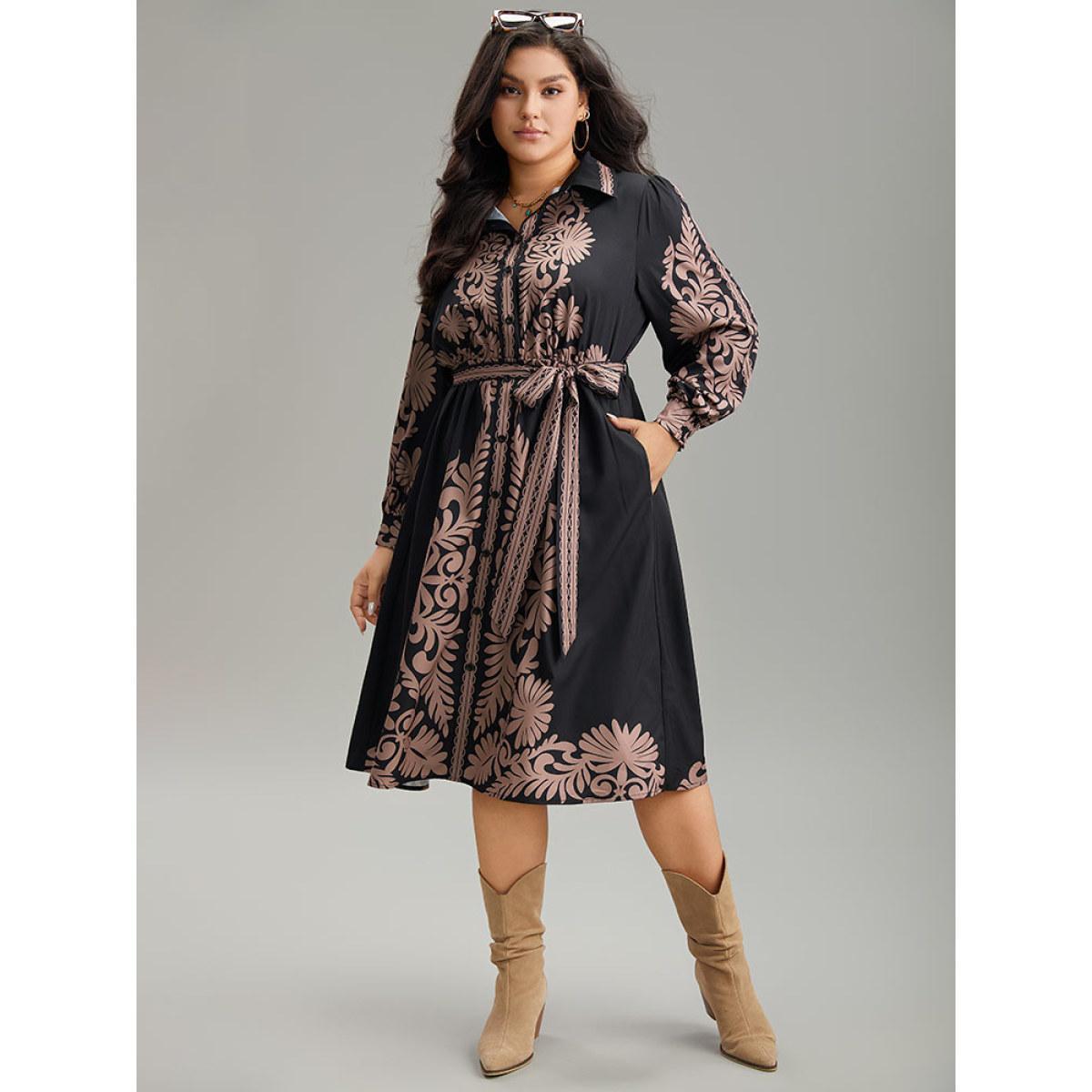 Plus Size Boho Print Shirt Collar Belted Dress Black Women Vacation Belted Shirt collar Long Sleeve Curvy Midi Dress BloomChic 18-20/2X Product Image