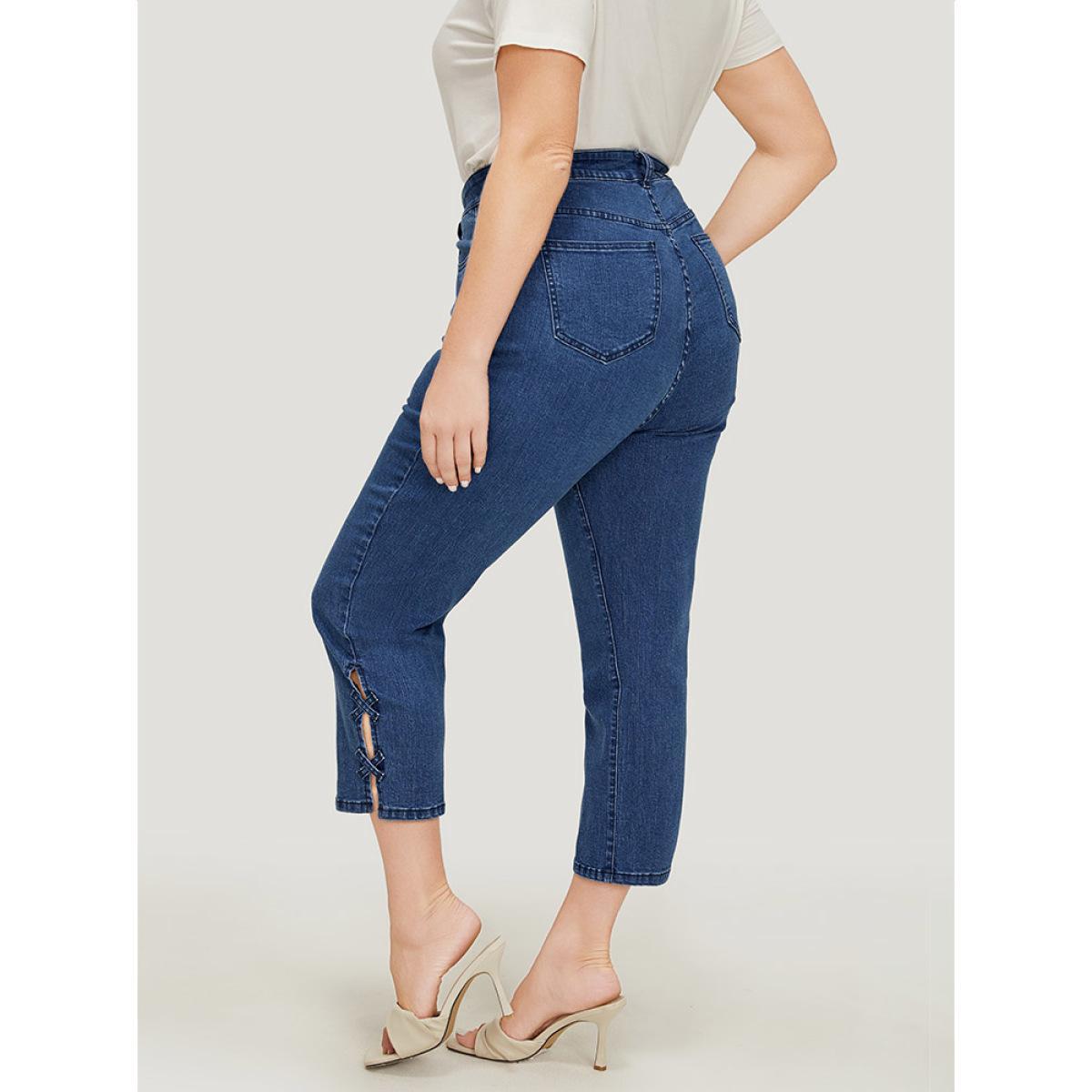 Plus Size Very Stretchy Medium Wash Patched Detail Cut Out Jeans Women Blue Casual Plain Cut-Out High stretch Pocket Jeans BloomChic 22/3X Product Image