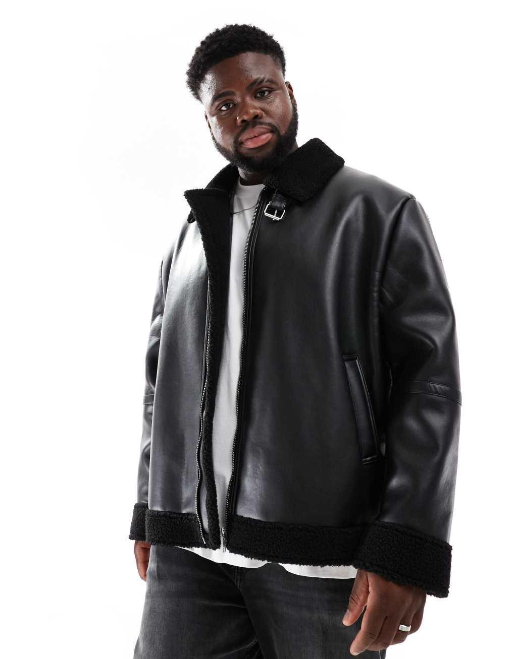 ASOS DESIGN faux leather aviator jacket with borg lining in black Product Image
