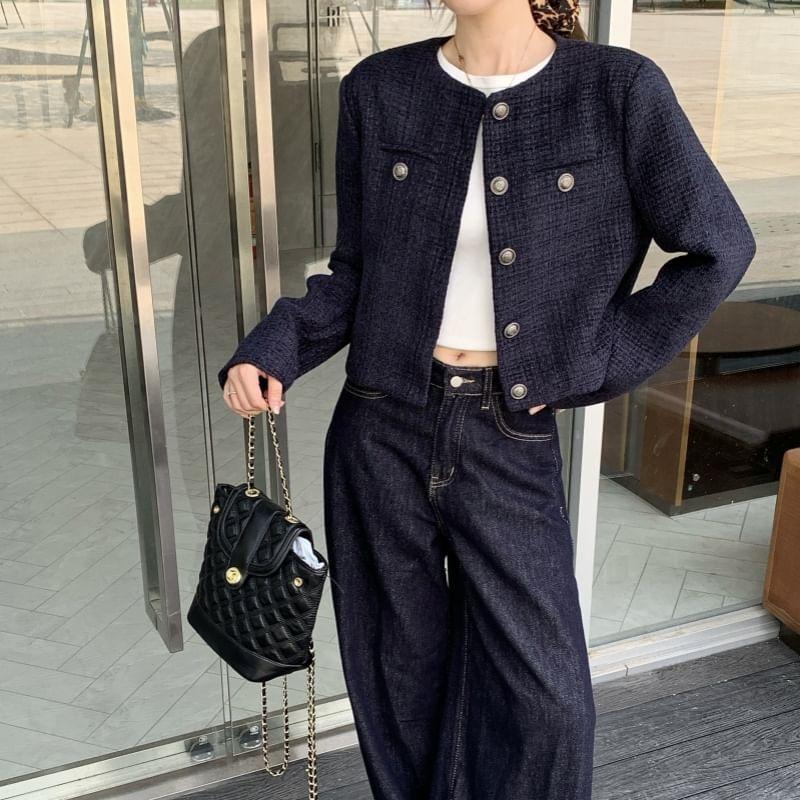 Round Neck Tweed Button Jacket Product Image