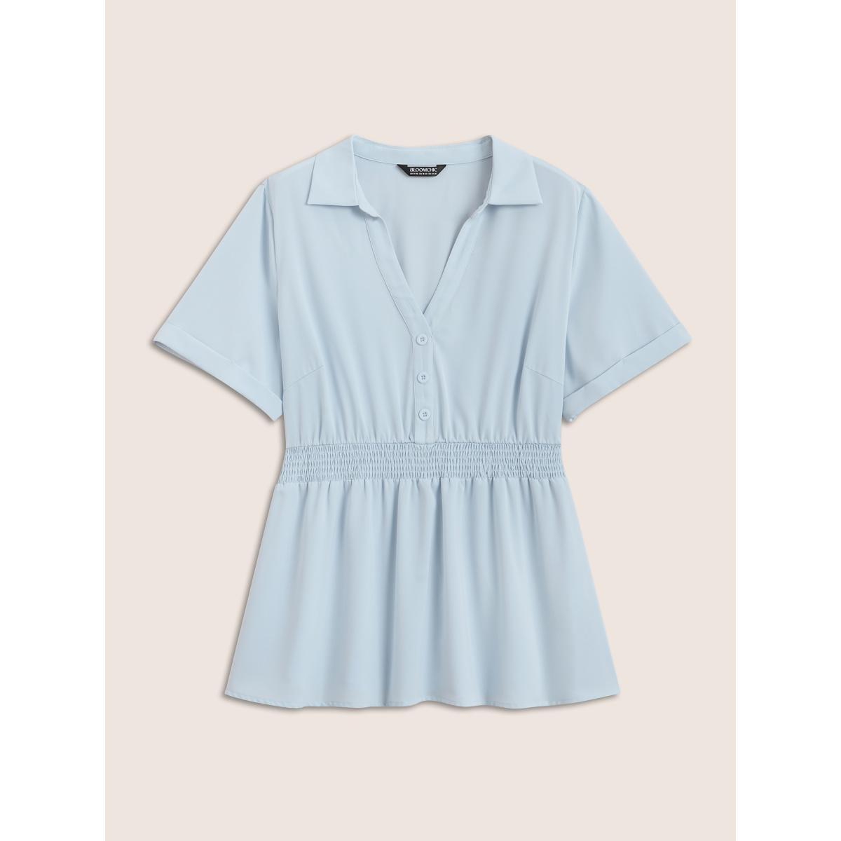 Plus Size LightBlue Lapel Collar Shirred Button Detail Blouse Women Workwear Essentials Short sleeve Shirt collar Work Blouses BloomChic 22-24/3X Product Image