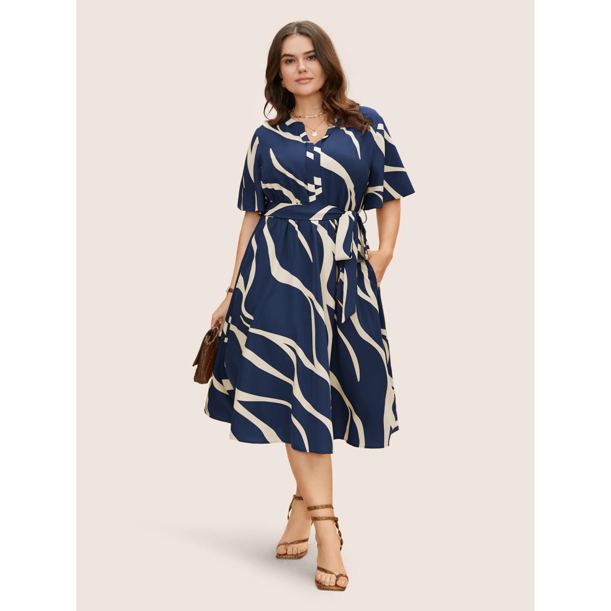 Plus Size Geometric Surplice Neck Tie Knot Midi Dress Navy Women At the Office Belted Flat collar with V-notch Short sleeve Curvy BloomChic 18-20/2X Product Image