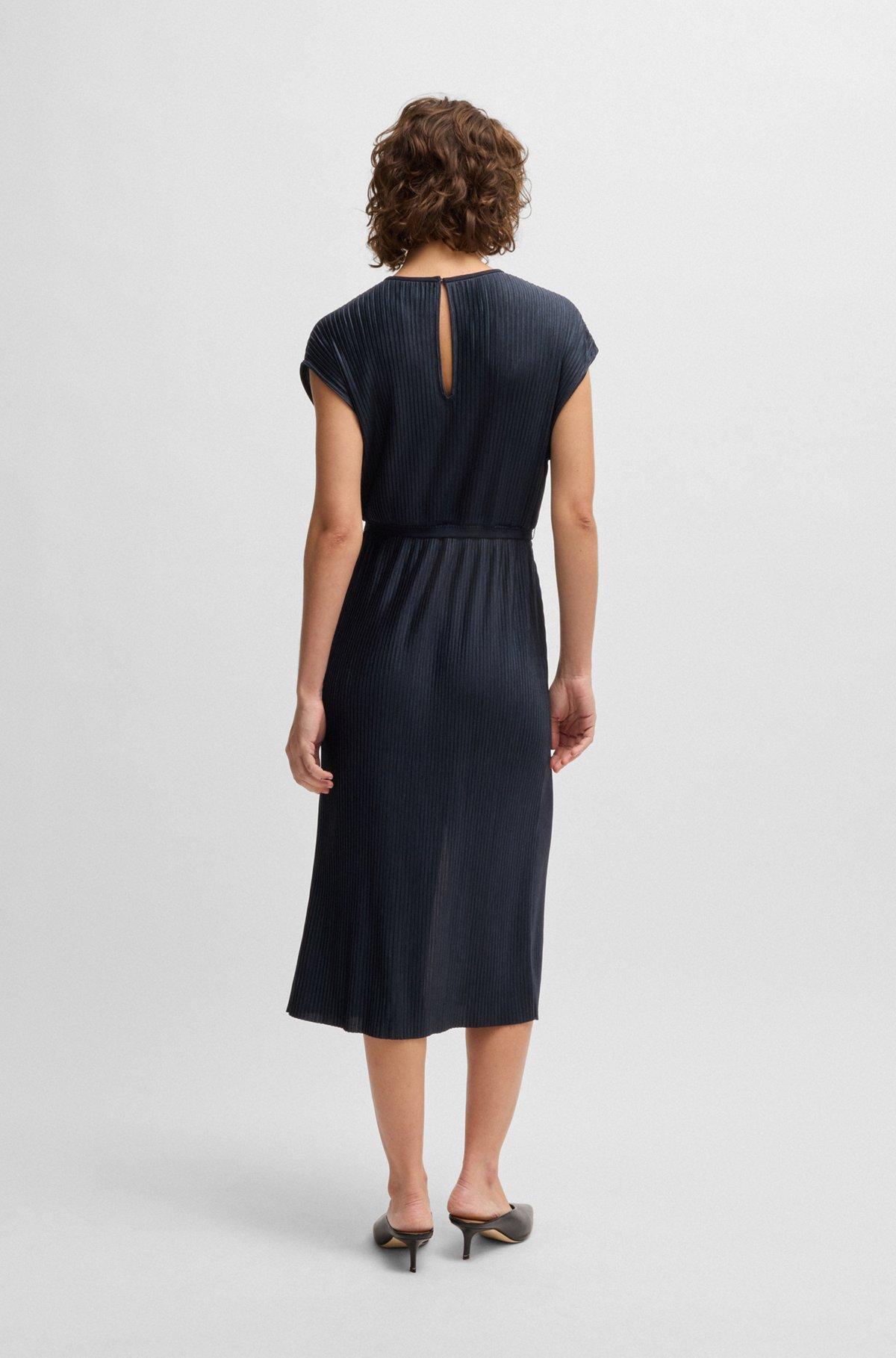 BOSS - Belted sleeveless dress in high-shine plissé - Dark Blue Product Image