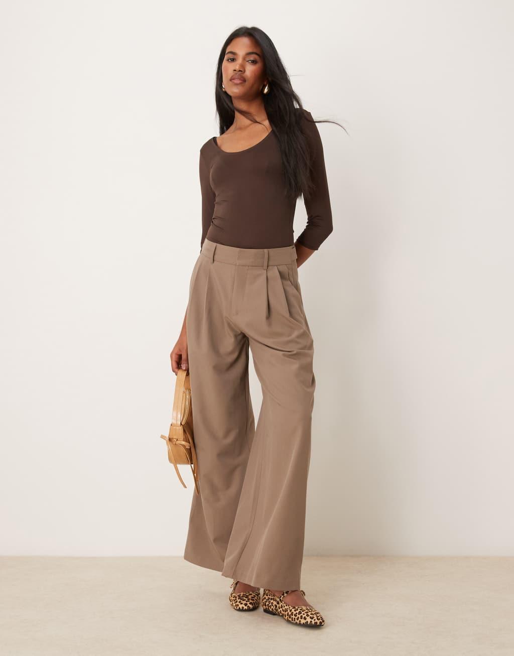 Mango soft touch scoop neck t-shirt in brown Product Image