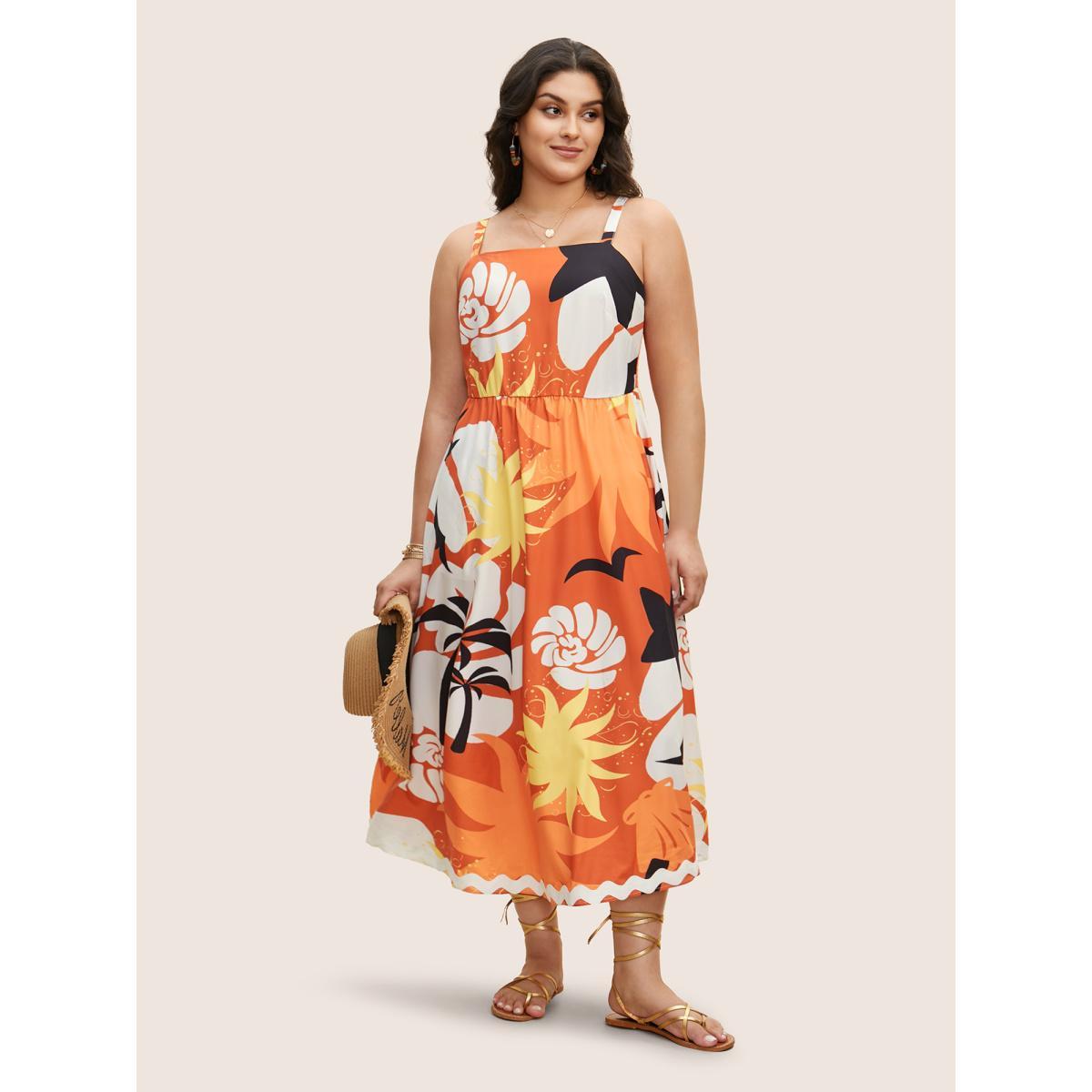 Plus Size Tropical Print Square Neck Maxi Dress Brightorange Women Resort Non Square Neck Sleeveless Curvy BloomChic 10/M Product Image