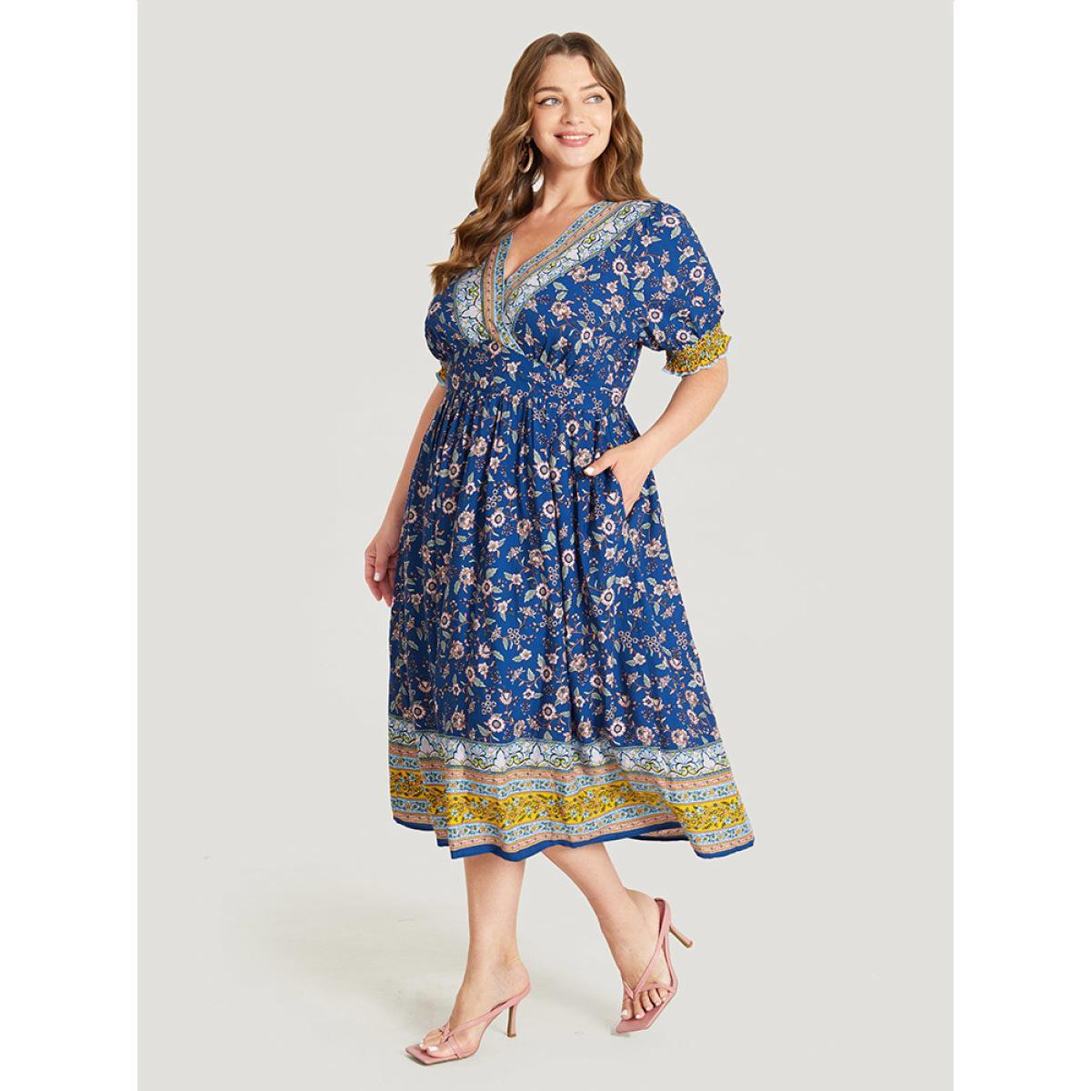 Plus Size Bandana Print Surplice Neck Pocket Shirred Puff Sleeve Dress Blue Women Vacation Overlap Collar Short sleeve Curvy Midi Dress BloomChic 26/4X Product Image