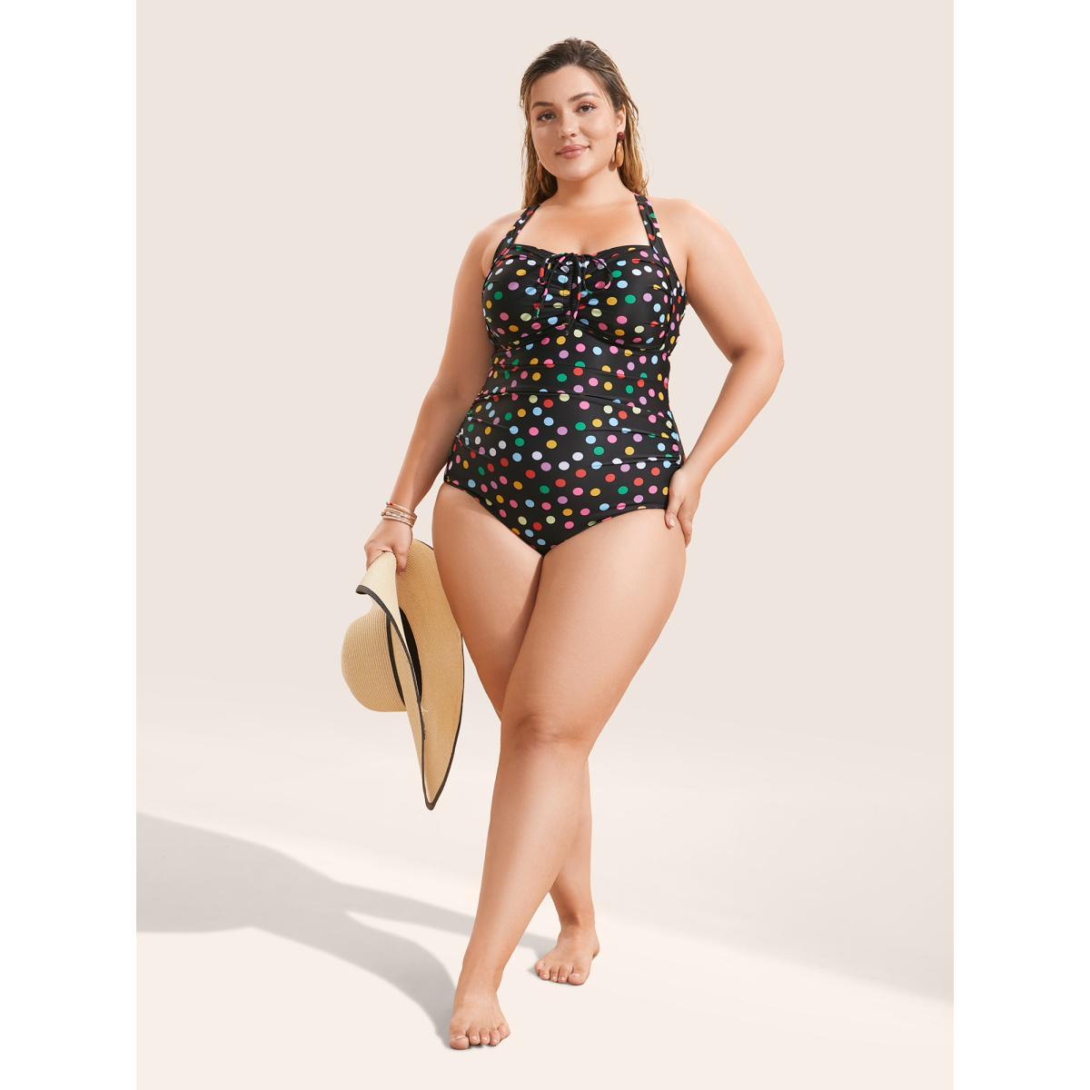 Plus Size Colored Polka Dot Ties Ruched One Piece Swimsuit Women's Swimwear Black Beach Tie knot Curve Bathing Suits High stretch One Pieces BloomChic 12/L Product Image
