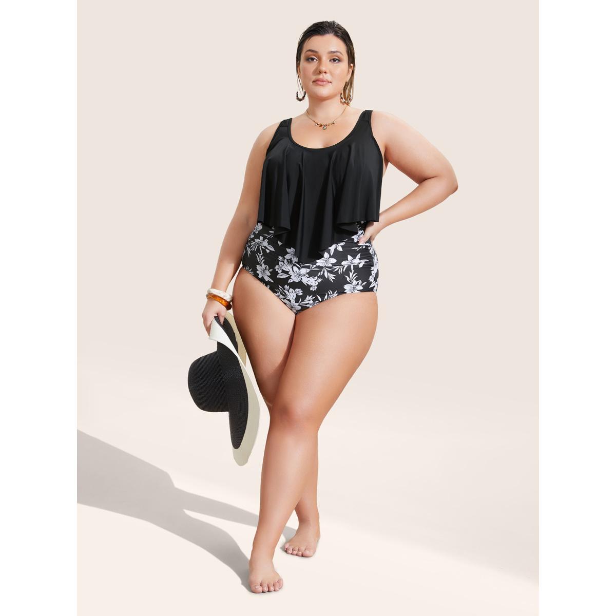 Plus Size Floral Patchwork Tiered Ruffles One Piece Swimsuit Women's Swimwear Black Beach Gathered Curve Bathing Suits High stretch One Pieces BloomChic 22-24/3X Product Image