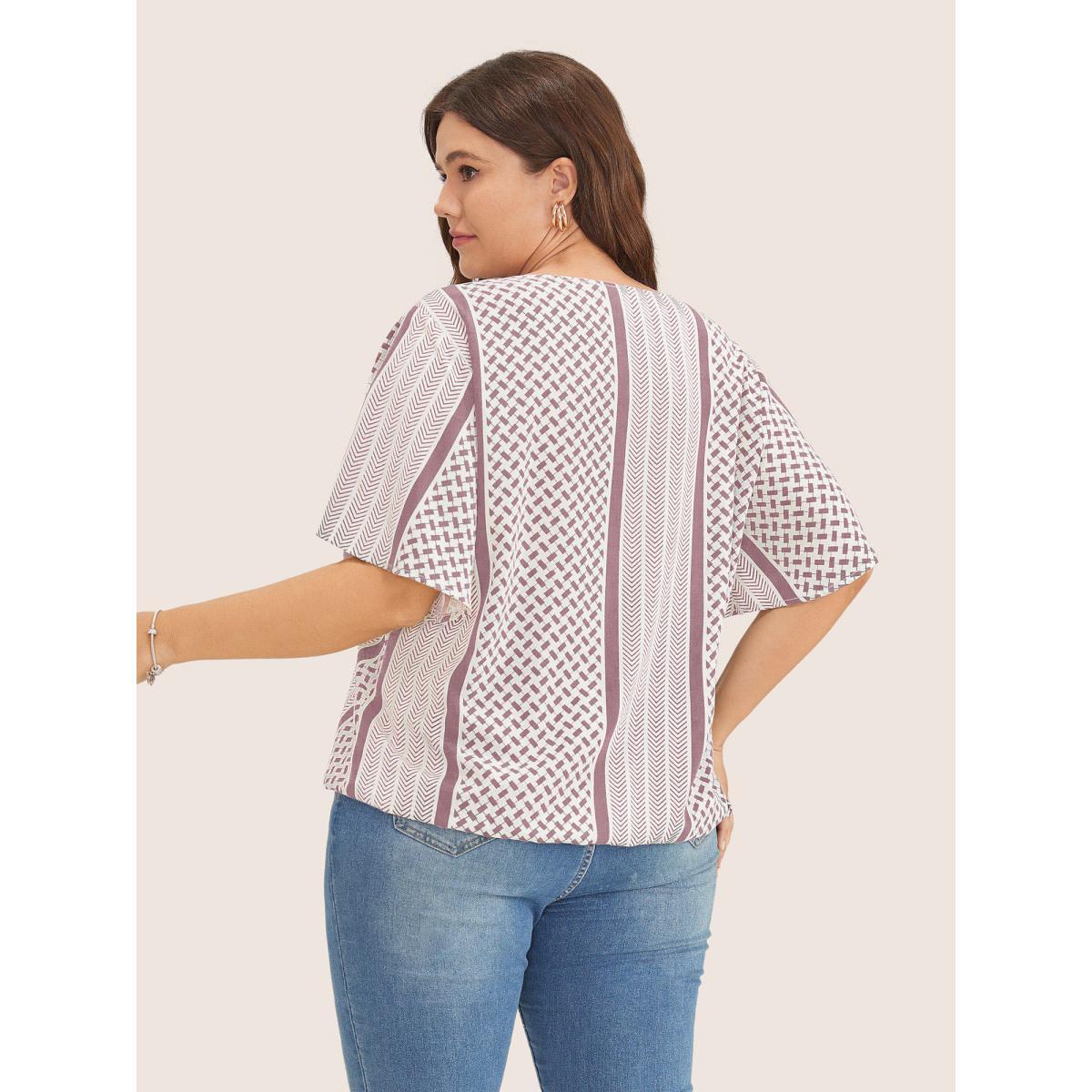Plus Size DustyPink Geometric Contrast Ruffle Sleeve Wrap Blouse Women Resort Short sleeve Overlap Collar Vacation Blouses BloomChic 28/5X Product Image
