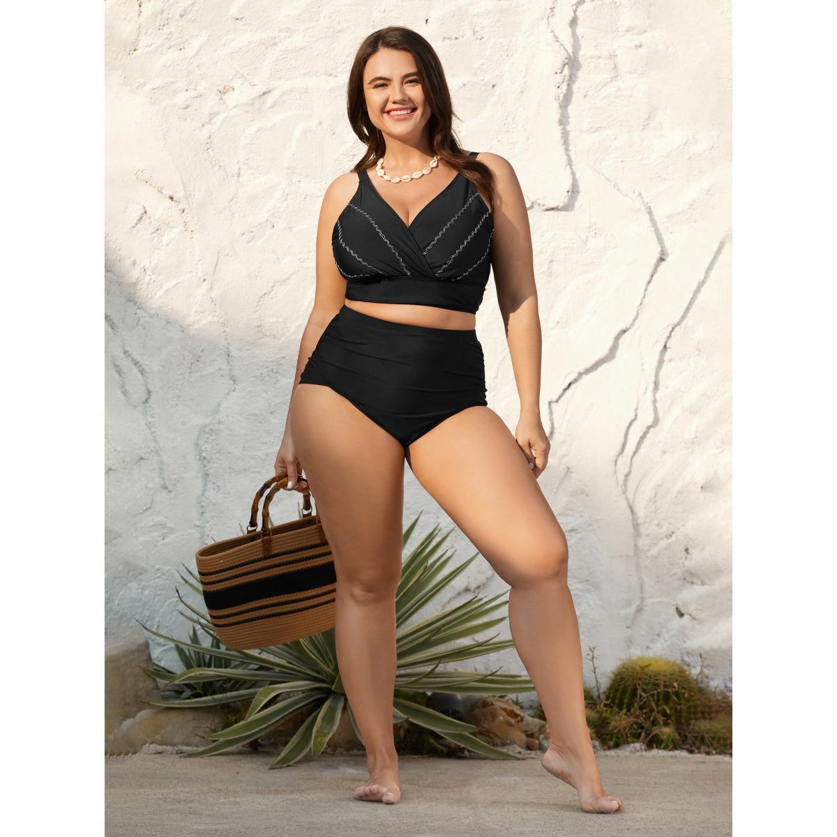Plus Size Embroidered Surplice Neck Adjustable Swim Top Women's Swimwear Black Beach High stretch Skinny Overlap Collar Curve Swim Tops BloomChic 18-20/2X Product Image