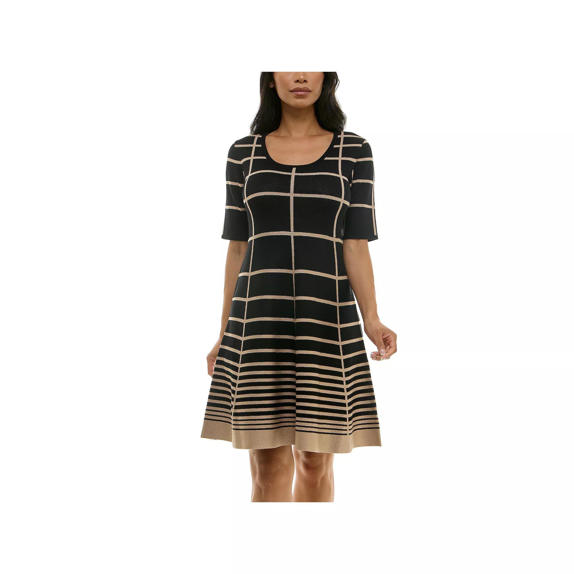 Women's Nina Leonard Scoopneck Fit & Flare Sweater Dress, Size: Large, Deep Blue Black Product Image