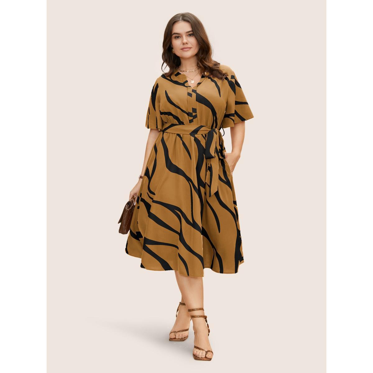 Plus Size Geometric Surplice Neck Tie Knot Midi Dress Wheat Women At the Office Belted Flat collar with V-notch Short sleeve Curvy BloomChic 14-16/1X Product Image