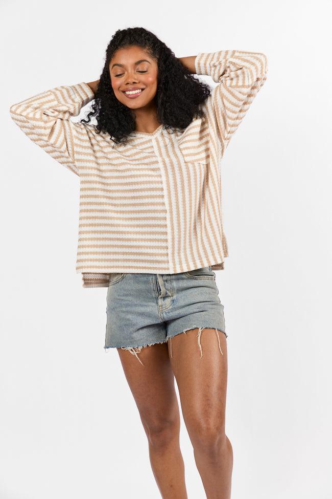 All For Sun Tan and Ivory Striped Knit V-Neck Long Sleeve Tee FINAL SALE Product Image