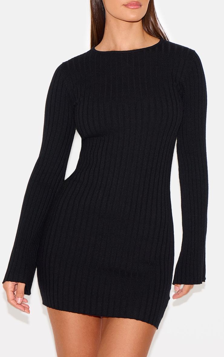 Black Ribbed Knit Mini Dress Product Image