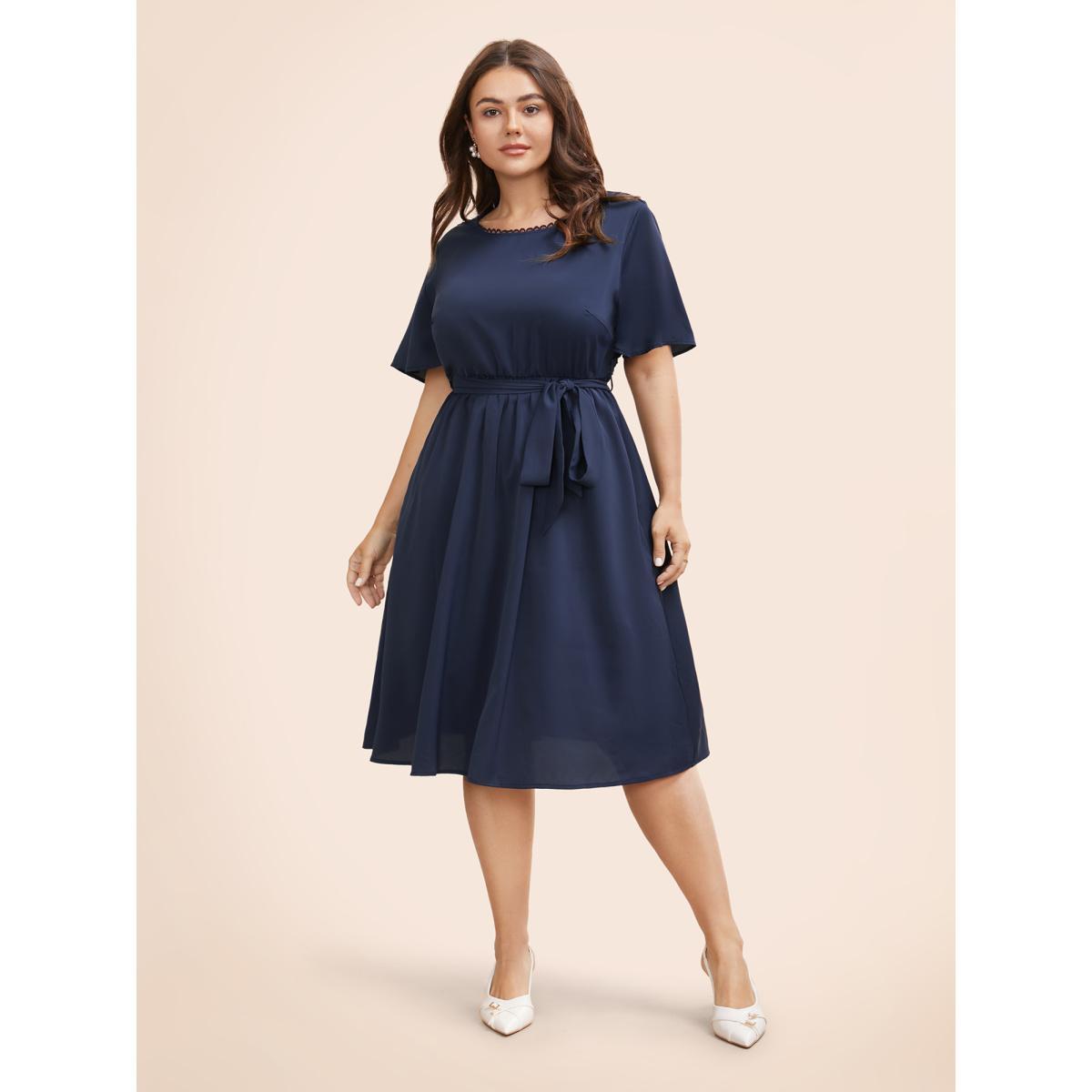 Plus Size Round Neck Lace Patchwork Ruffle Sleeve Dress DarkBlue Women Elegant Woven ribbon&lace trim Round Neck Short sleeve Curvy BloomChic 10/M Product Image