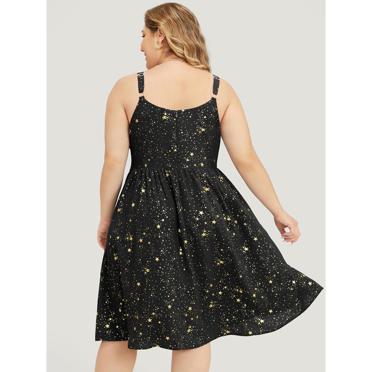 Plus Size Star Print Pocket Notched Flutter Hem Glitter Cami Dress Black Women Party Adjustable Straps Spaghetti Strap Sleeveless Curvy Knee Dress BloomChic 18-20/2X Product Image