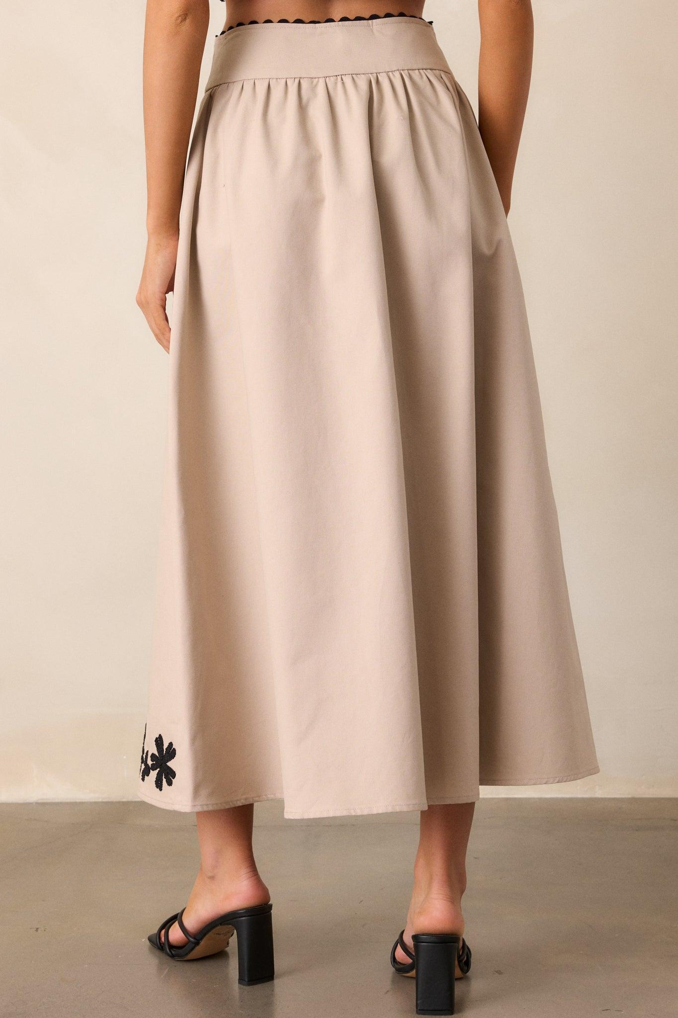 Lovely Blooms Taupe Embroidered Floral Midi Skirt Product Image