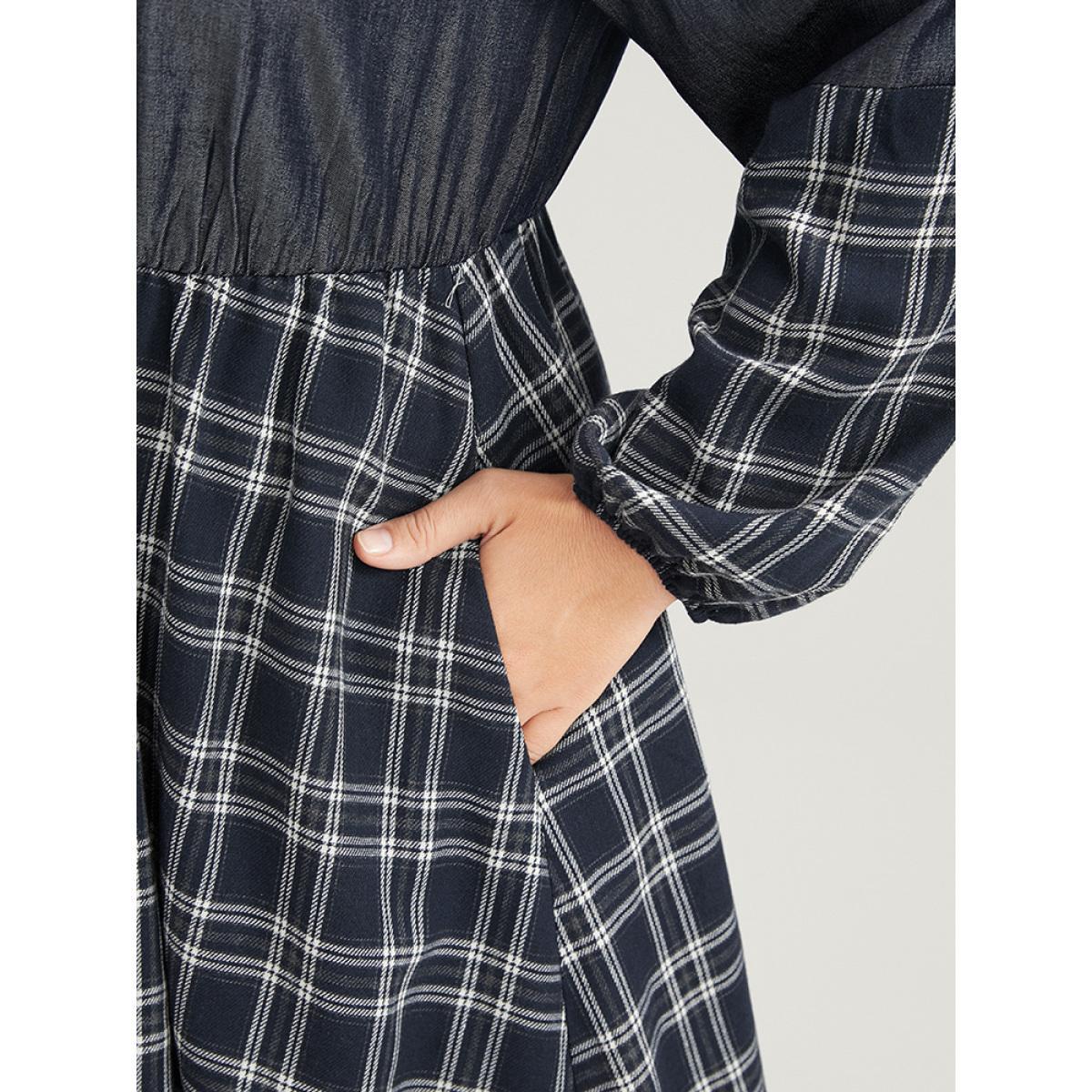Plus Size Gingham Patchwork Button Pocket Shirt Collar Dress Without Belt Navy Women Office Patchwork Shirt collar Long Sleeve Curvy Midi Dress BloomChic 26/4X Product Image