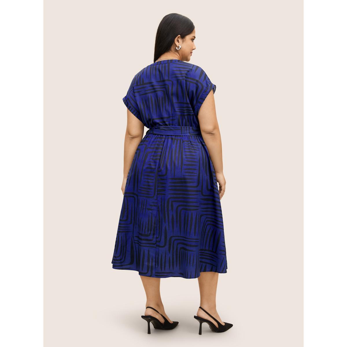 Plus Size Geometric Button Detail Cuffed Sleeve Dress DarkBlue Women At the Office Belted V-neck Short sleeve Curvy BloomChic 22-24/3X Product Image