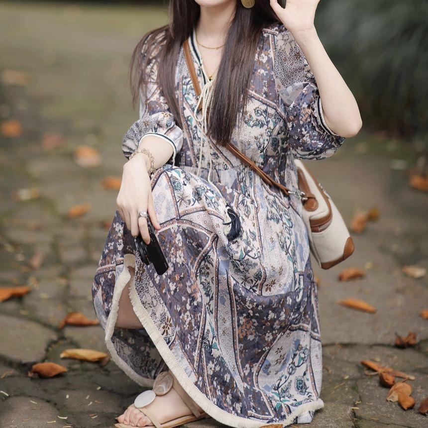 3/4-Sleeve V-Neck Flower Print Midi A-Line Dress Product Image