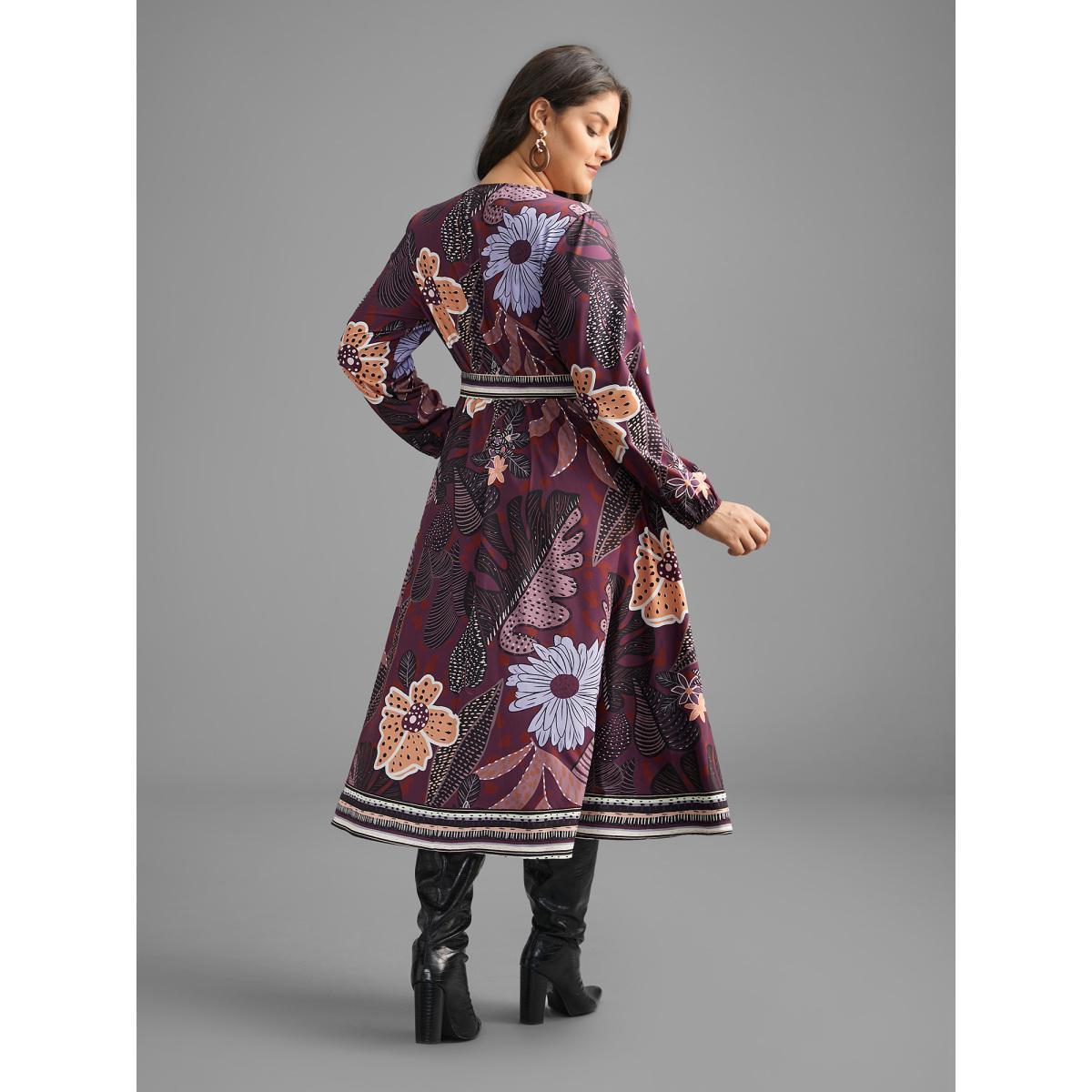 Plus Size Boho Print Belted Lantern Sleeve Dress Deeppurplered Women Resort Belted Overlap Collar Long Sleeve Curvy BloomChic 12/L Product Image