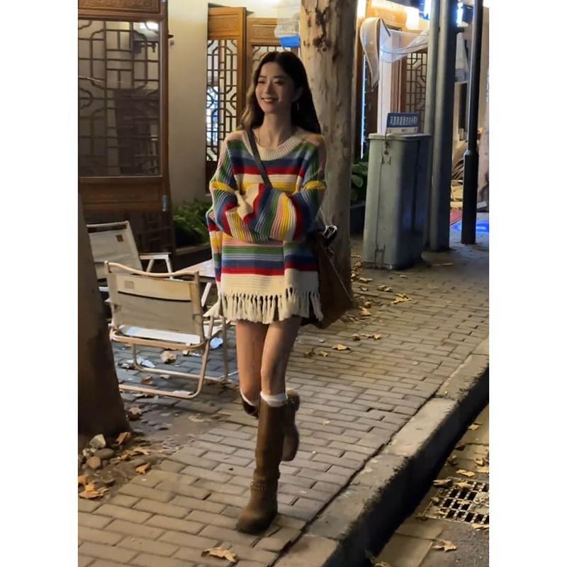 Round Neck Rainbow Striped Fringed Sweater Product Image
