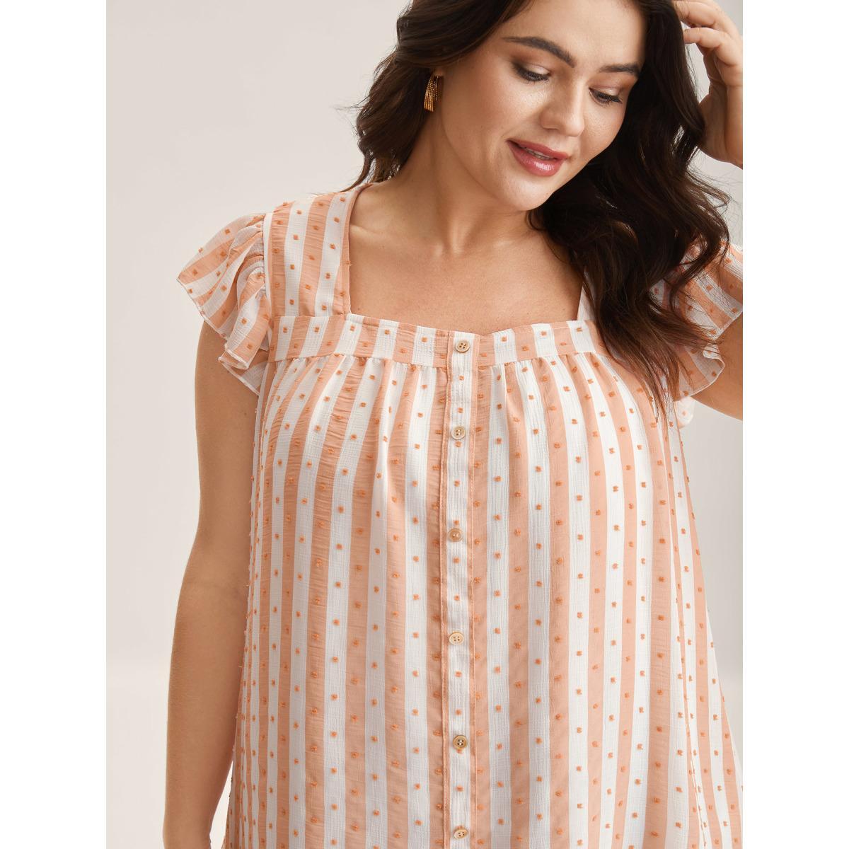 Plus Size Salmon Textured Stripe Print Flutter Sleeve Blouse Women Cap Sleeve Square Neck Everyday-Elegant Blouses BloomChic 14-16/1X Product Image