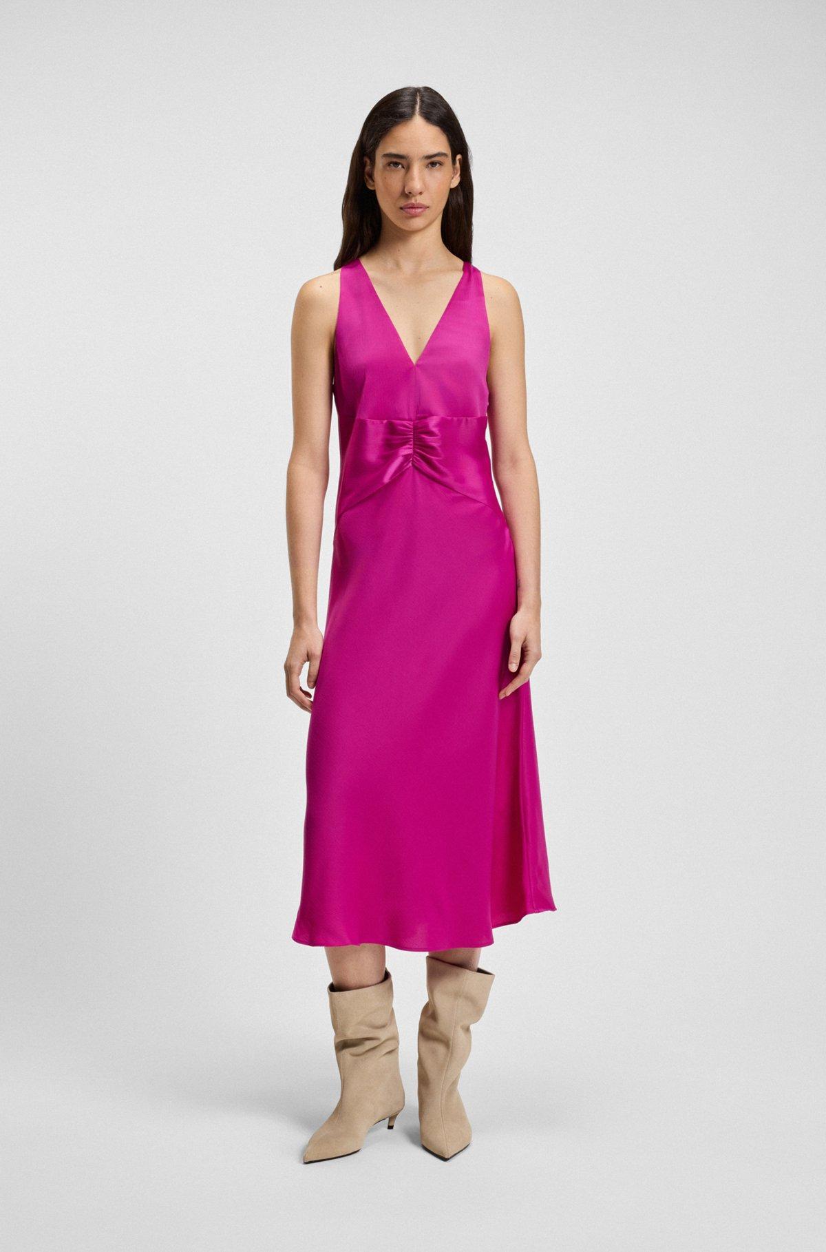 BOSS - Crinkle-satin dress with gathered front - Dark pink Product Image