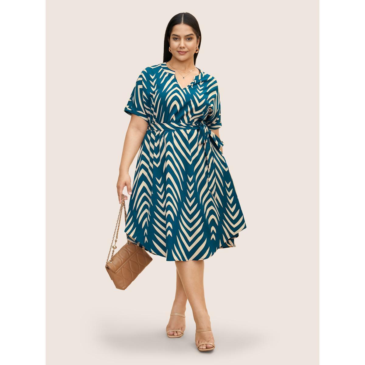 Plus Size Geometric Belted Dolman Sleeve Curved Hem Dress Cerulean Women At the Office Flat collar with V-notch Short sleeve Curvy BloomChic 26/4X Product Image