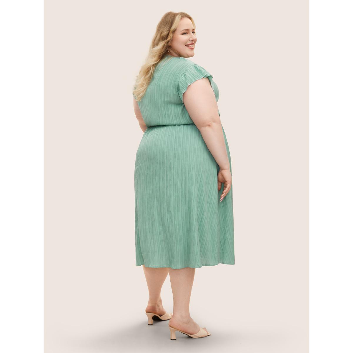 Plus Size Plain Cap Sleeve Ruffles Trim Mock Neck Pocket Dress Mint Women Elegant Pocket Round Neck Short sleeve Curvy Midi Dress BloomChic 22-24/3X Product Image