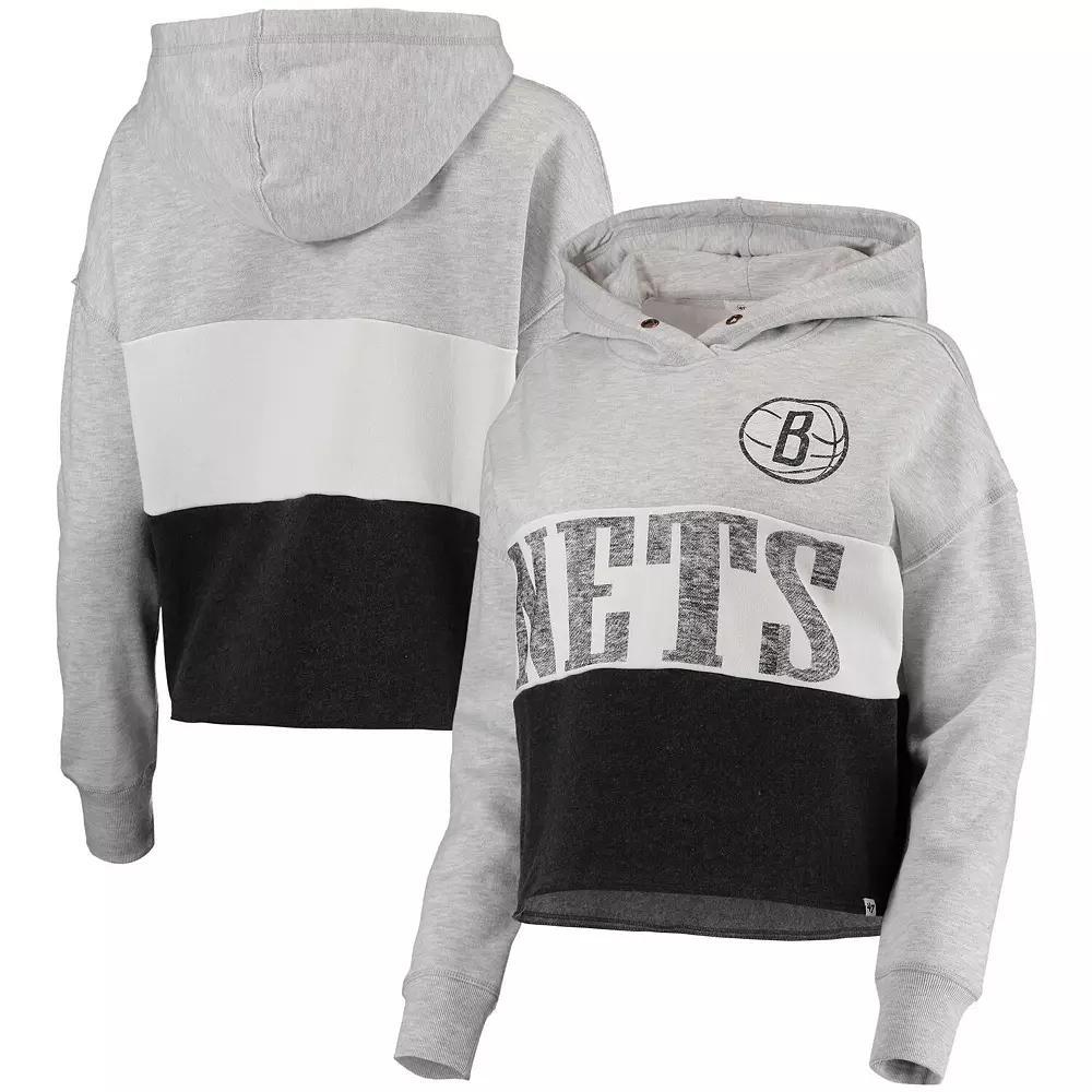 Women's '47 Heathered Gray/Heathered Black Brooklyn Nets Lizzy Cutoff Pullover Hoodie, Size: Medium, Grey Product Image