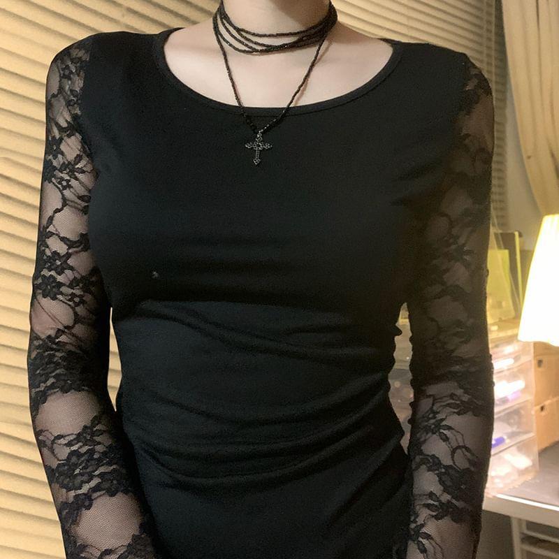 Long Sleeve Lace Panel See-Through Slim-Fit Top Product Image