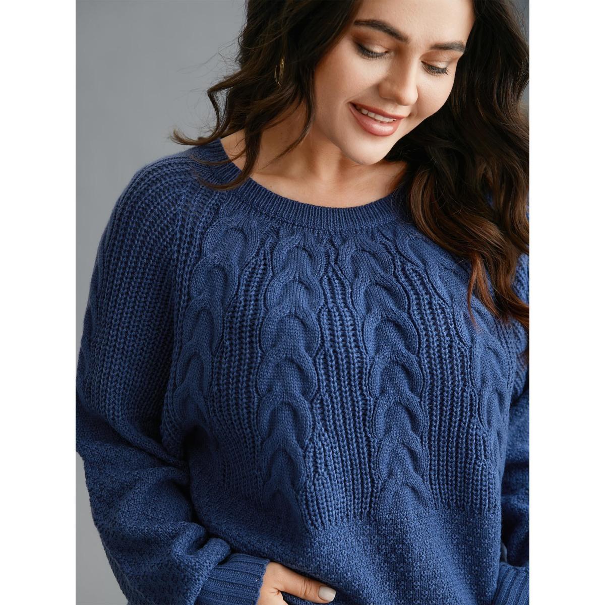 Plus Size Cable Knit Raglan Sleeve Round Neck Pullover Cerulean Women Casual Loose Long Sleeve Round Neck Everyday Pullovers BloomChic 12/L Product Image