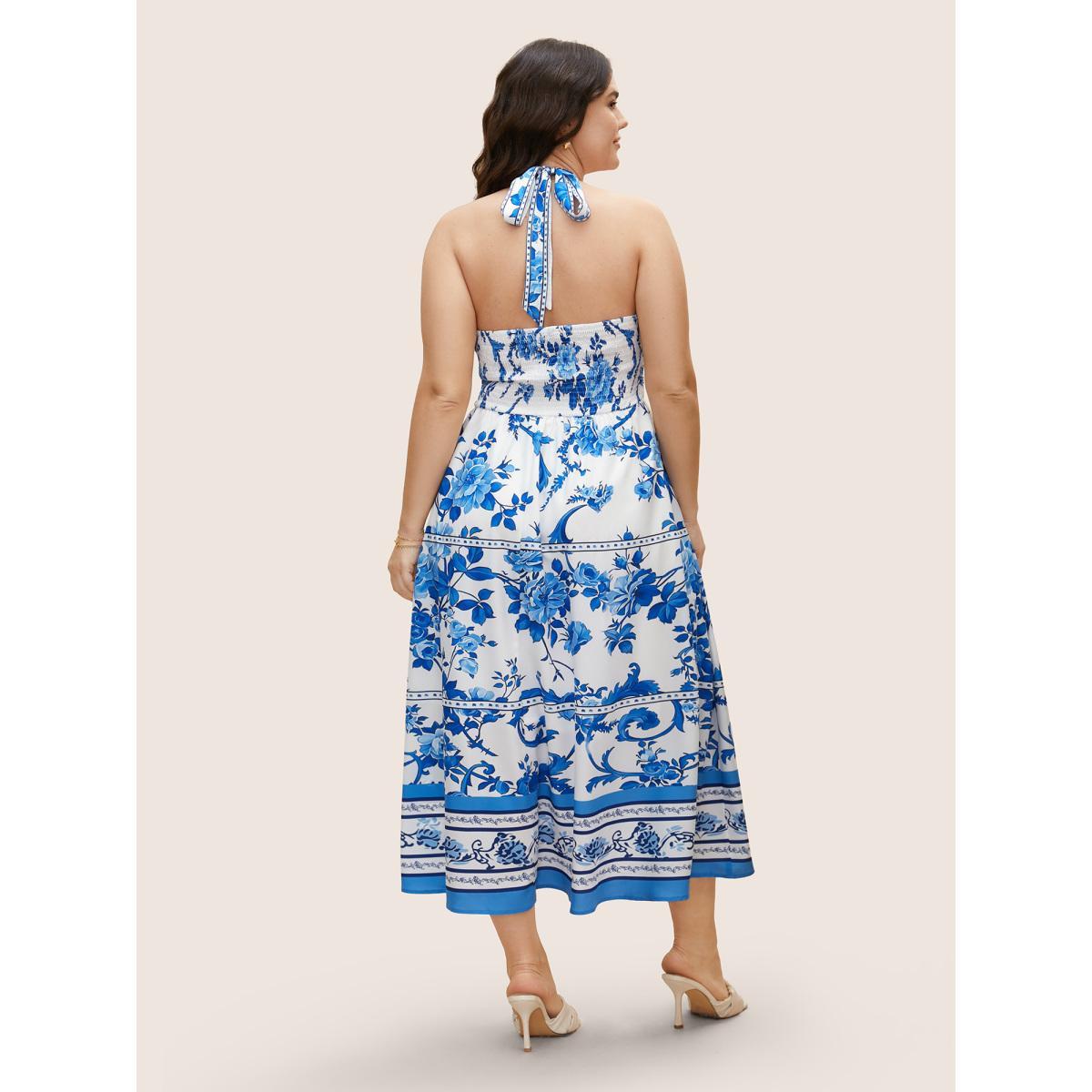 Plus Size Boho Print Halter Neck Shirred Tie Knot Dress LightBlue Women Elegant Tie knot Halter neck Sleeveless Curvy BloomChic 12/L Product Image