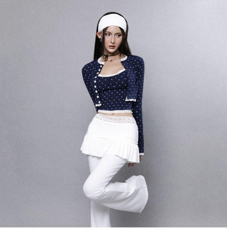 Dotted Lace Trim Camisole Top / Crew Neck Crop Button Jacket / Mid Waist Plain Accordion Pleated Mock Two Piece Flared Pants / Set Product Image