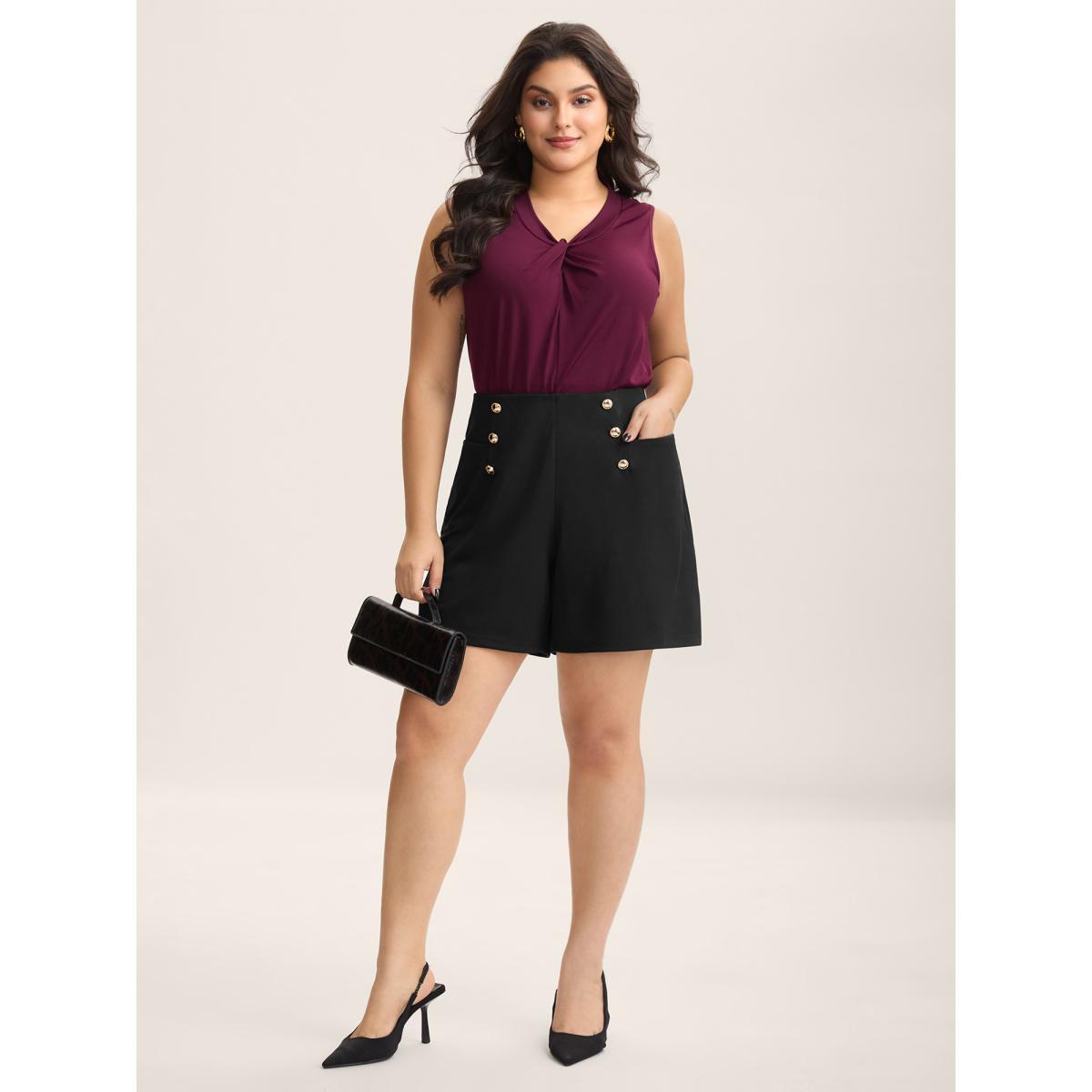 Plus Size No-Gap Waist Button Detail Straight-Leg Shorts Women Black At the Office Button Straight Leg Work Shorts BloomChic 26/4X Product Image