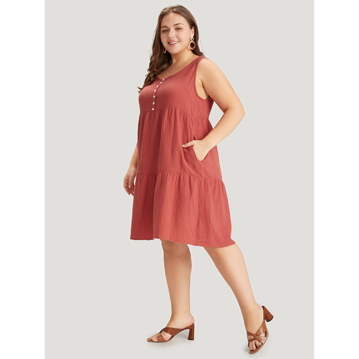 Plus Size Solid Button Detail Layered Hem Tank Dress Rust Women Vacation Button Round Neck Sleeveless Curvy Knee Dress BloomChic 18-20/2X Product Image