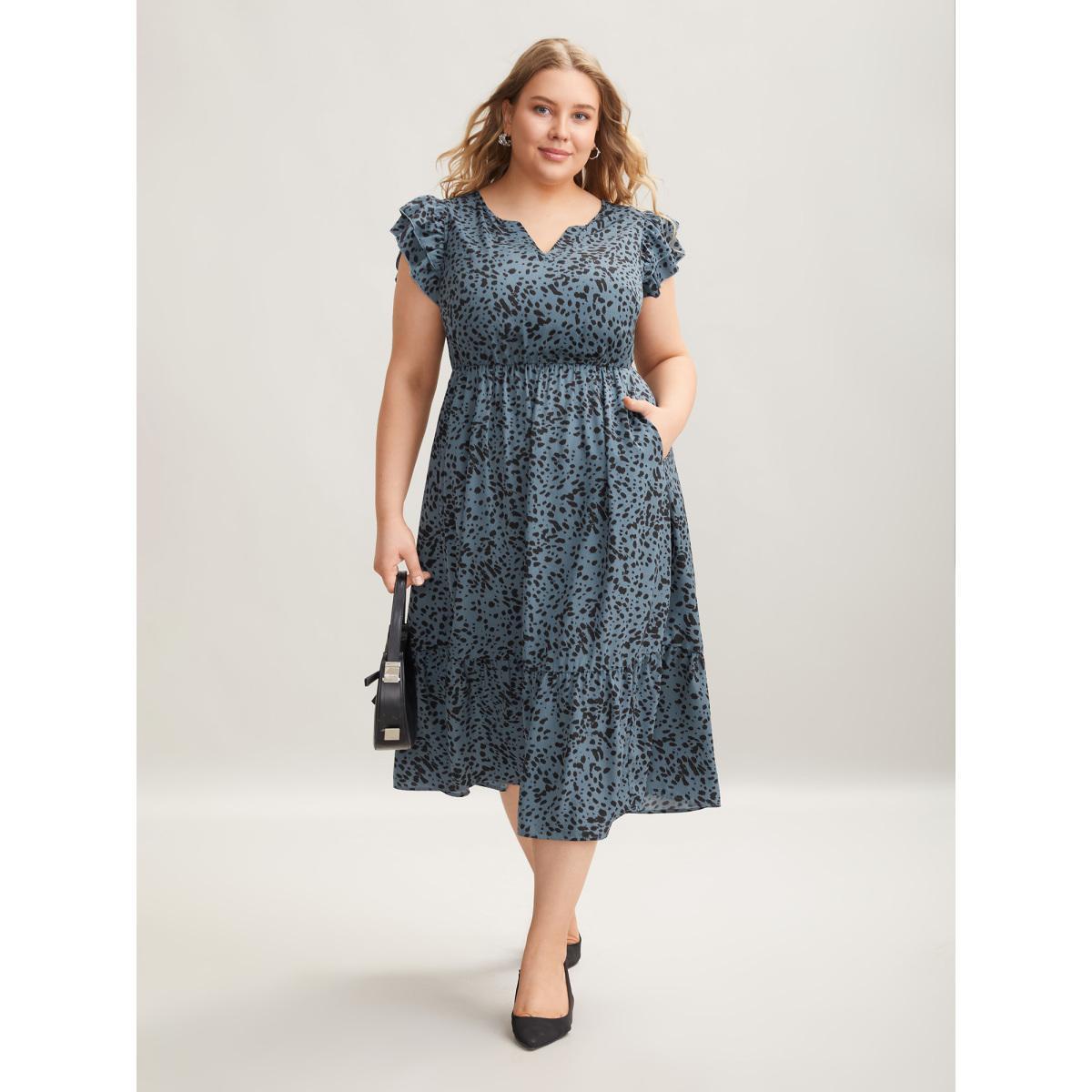 Plus Size Leopard Print Flutter Sleeve Tiered Midi Dress Stone Women At the Office Ruffles Flat collar with V-notch Cap Sleeve Curvy BloomChic 18-20/2X Product Image