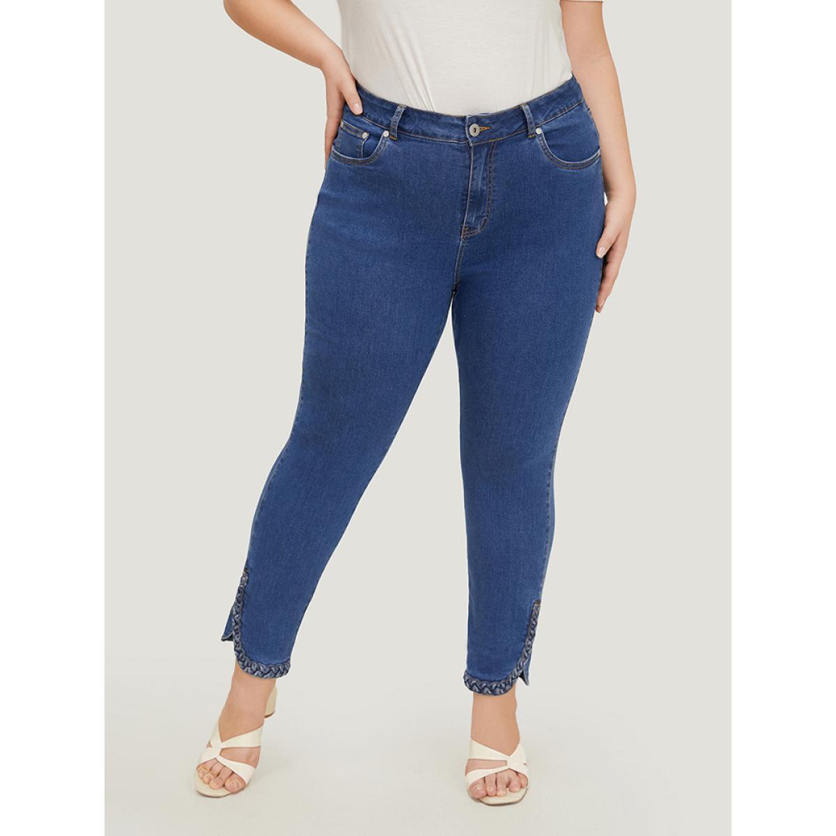 Plus Size Split Arc Hem Medium Wash Jeans Women Blue Casual Plain Arc Hem High stretch Pocket Jeans BloomChic 16/1X Product Image