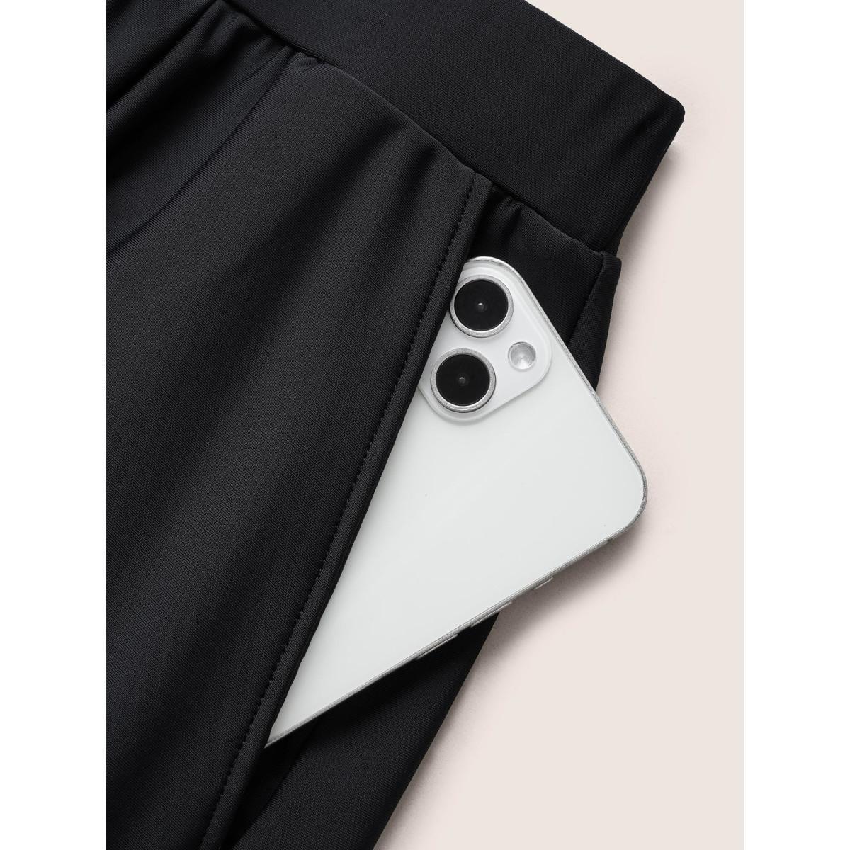 Plus Size Solid Slit Front Pocket Gathered Swim Bottom Women's Swimwear Black Beach Gathered High stretch Bodycon High Rise Side seam pocket Curve Swim Bottoms BloomChic 12/L Product Image