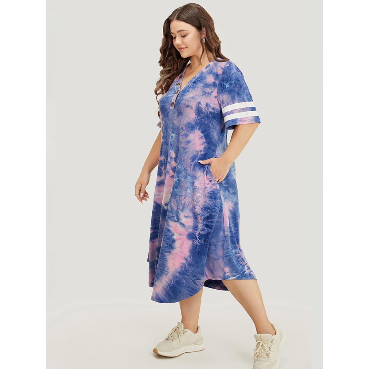 Plus Size Tie Dye & Striped Button Detail Pocket Arc Hem Dress Blue Women Casual Printed V-neck Short sleeve Curvy Midi Dress BloomChic 28/5X Product Image