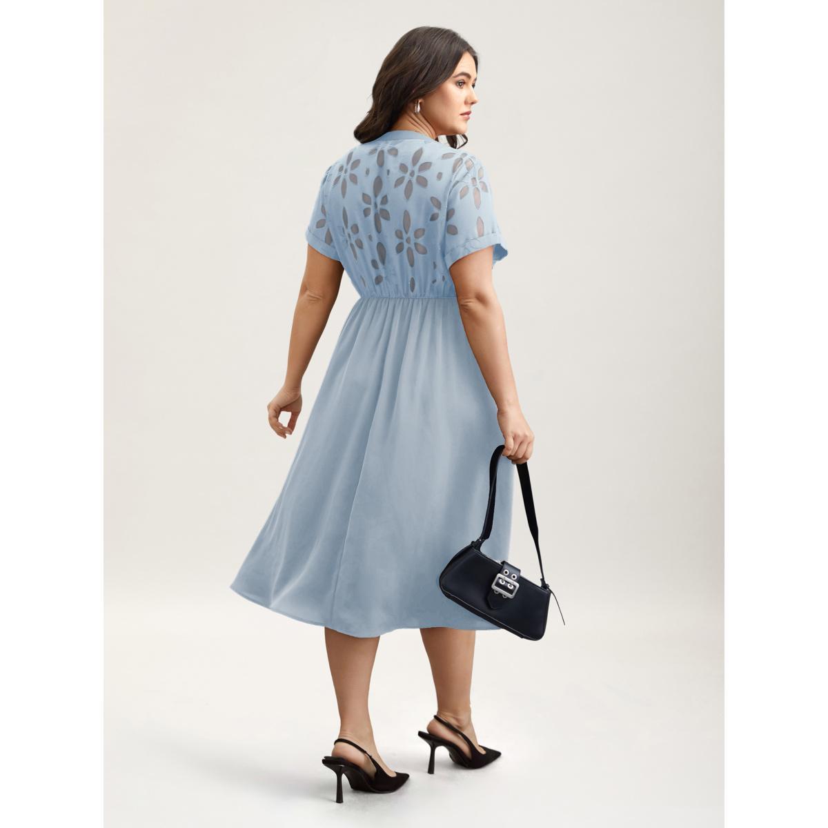 Plus Size Sheer Back Textured Cut-Out Midi Dress LightBlue Women At the Office Texture Notched collar Short sleeve Curvy BloomChic 18-20/2X Product Image