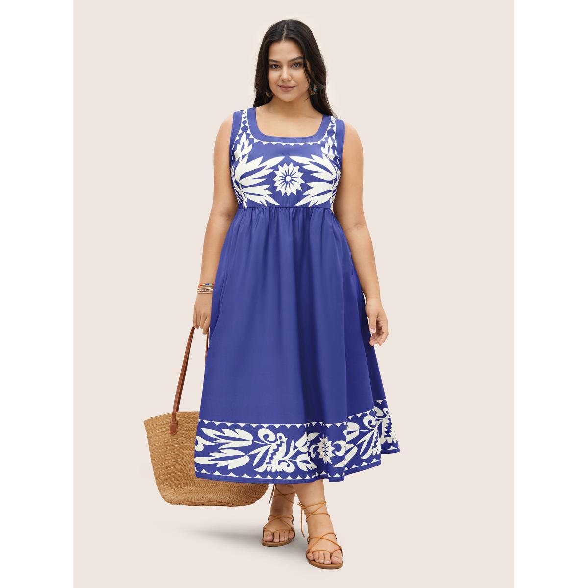 Plus Size Boho Print Square Neck Elastic Waist Tank Dress Skyblue Women Resort Gathered Round Neck Sleeveless Curvy Midi Dress BloomChic 22-24/3X Product Image