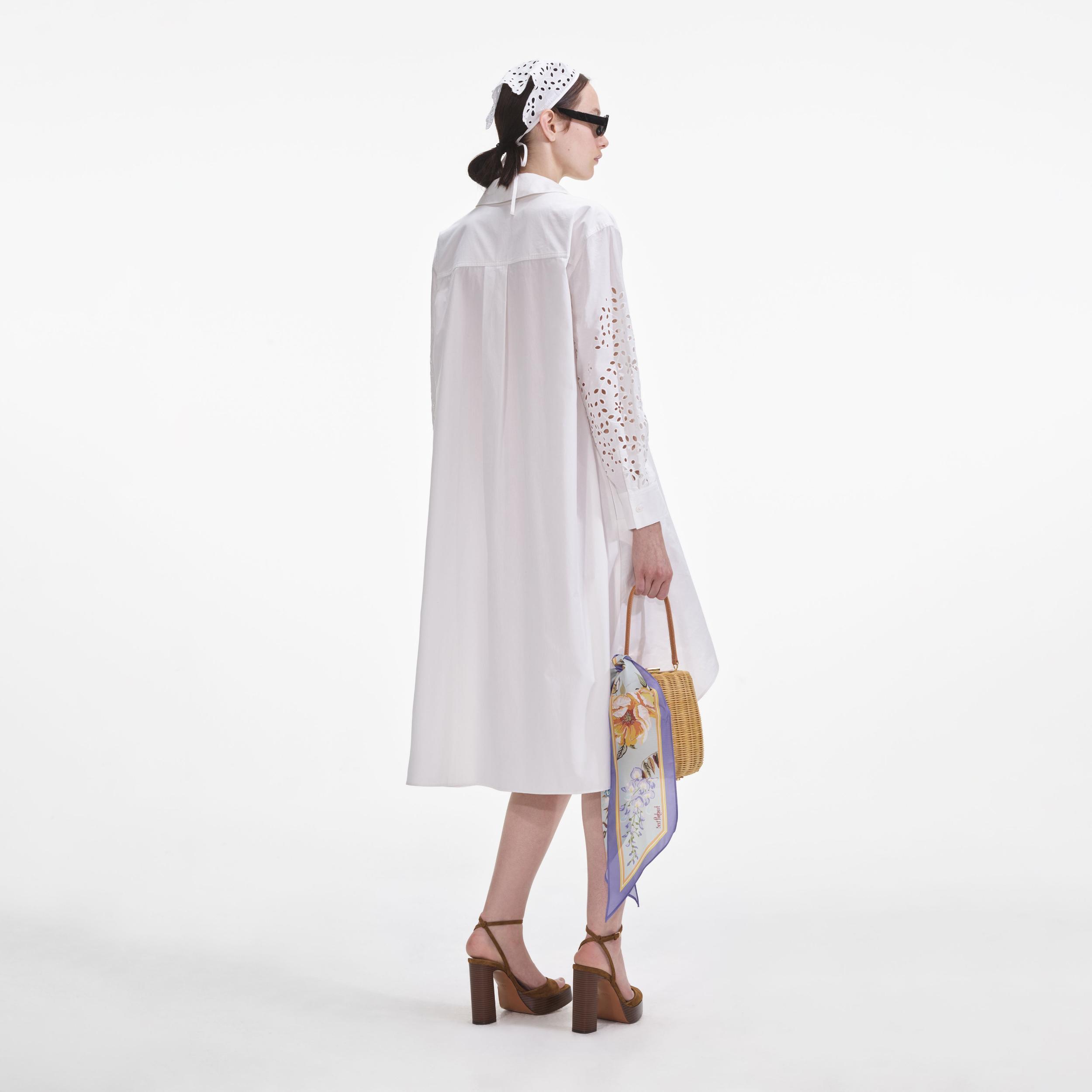 White Cotton Embroidered Shirt Dress Product Image