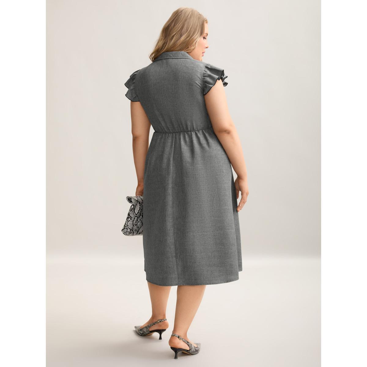 Plus Size Ruffled Trim Shirt Collar Flared Midi Dress DarkGray Women At the Office Frill Trim Shirt collar Cap Sleeve Curvy BloomChic 28/5X Product Image