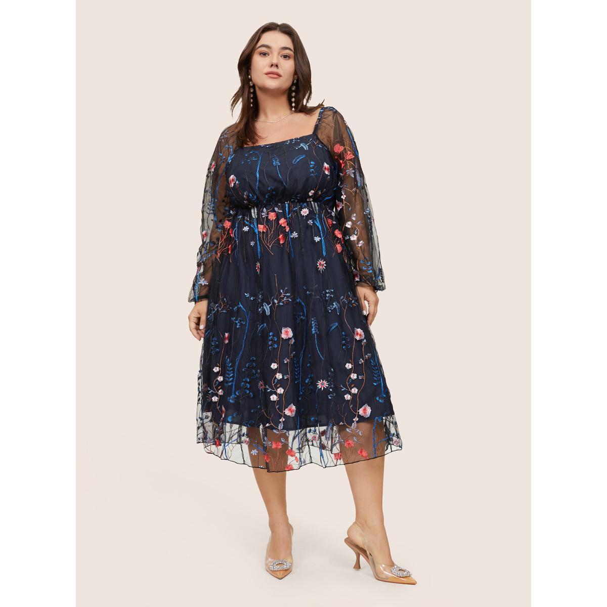 Plus Size Square Neck Embroidered Lace Mesh Lantern Sleeve Dress Navy Women Formal Elastic cuffs Square Neck Long Sleeve Curvy Midi Dress BloomChic 26/4X Product Image