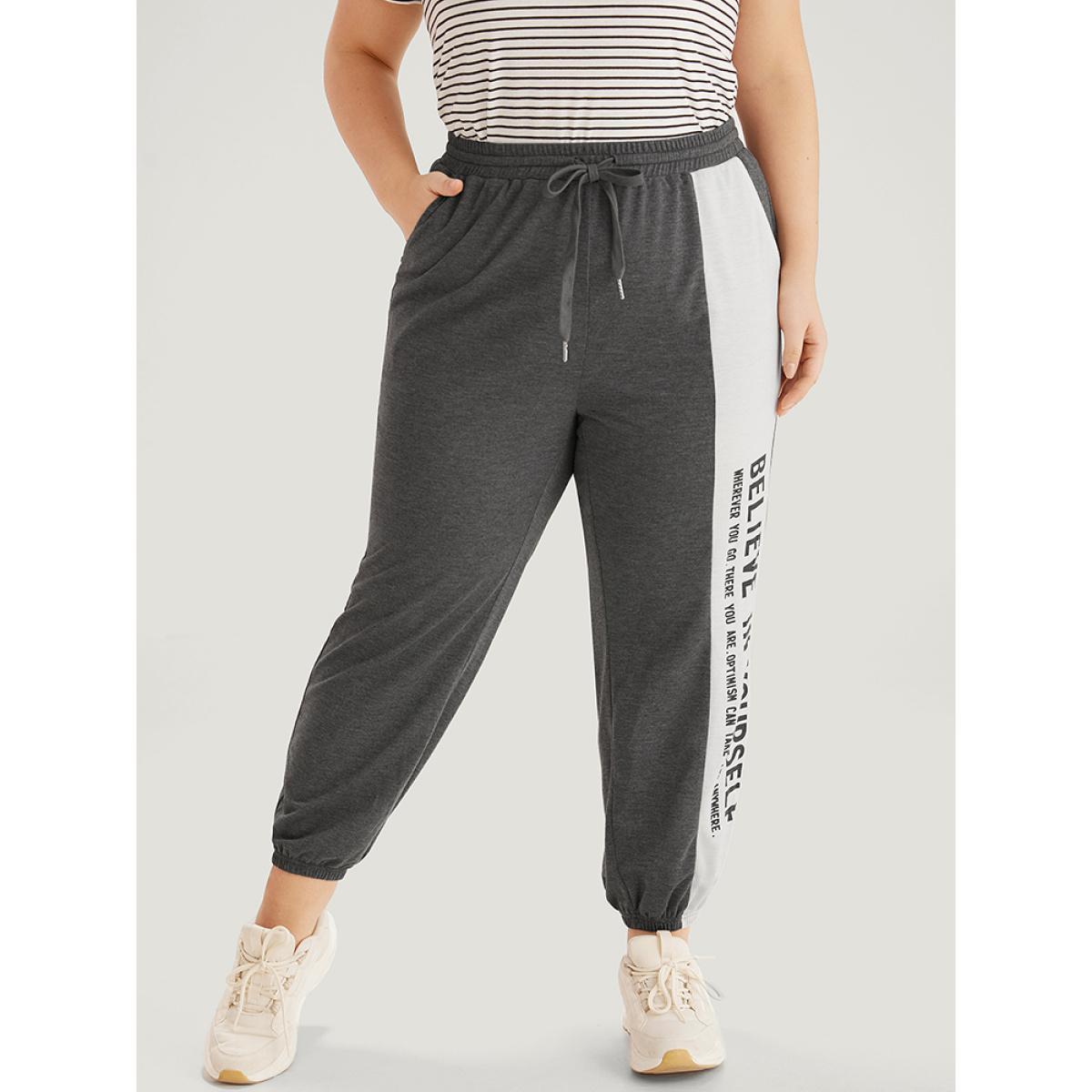 Letter Print Bowknot Contrast Patchwork Pocket Sweatpants Gray Plus Size Women Casual Everyday Contrast 22-24/3X Bloomchic Product Image